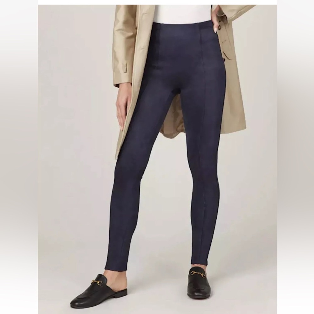 SPANX Faux Suede Pull‎ On Ponte Leggings Size Small Navy Blue High Rise